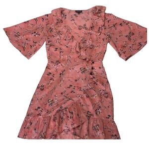 Topshop Floral Print Ruffle Mini Dress Kimono‎ Sleeve Pink US 2 UK 6